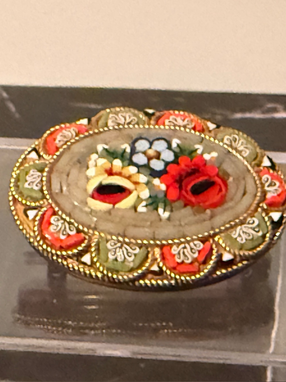 Vintage Italian Micro Mosaic Brooch Floral Oval Gold Tone Millefiori Style